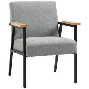 Accentfåtölj i Scandi Design, Linnelook, Gummiträ, Grå + Svart + Brun