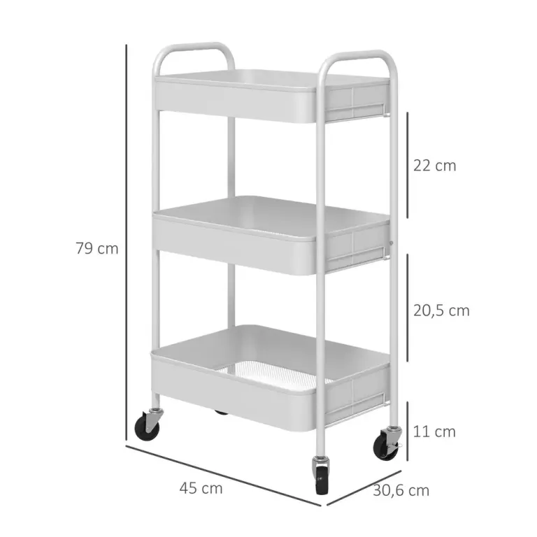 Rullvagn med 3 Korgar och Hjul 45 x 30,5 x 76 cm, Vit