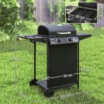Gasgrill 7 KW Grillvagn med 3 Brännare, Side Cooker och Rulllås, Svart, 107x54x96 cm