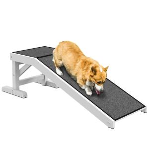 Justerbar Husdjursramp i Furu, Halkfri Hundramp med Matta, Hjälpmedel för Hundar upp till 30 kg, Vit/Grå, 125 x 40 x 35,5 cm
