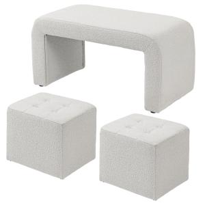 Fotpall Ottoman Set om 3 Vit av Tyg och Trä för Vardagsrum och Sovrum Stoppad Pall med Förvaring Elegant Design Mångsidig