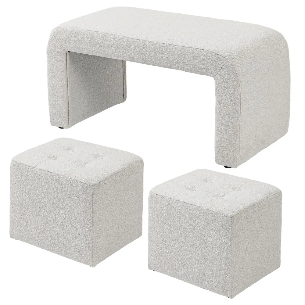 Fotpall Ottoman Set om 3 Vit av Tyg och Trä Stoppad Pall