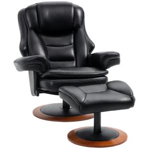 Fåtölj Ergonomisk Svart Brun Konstläder för Vardagsrum och Vila med Fotpall och Snurrbar Sits samt Justerbart Ryggstöd Robust Modell