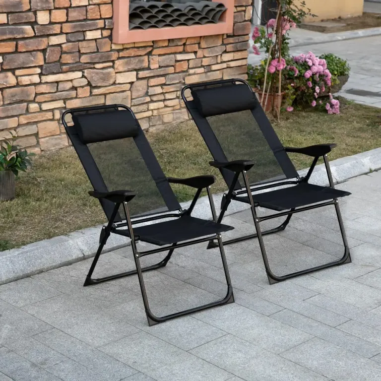 Fällbara Trädgårdsstolar 2-Pack med 5-Stegs Ryggstöd, Svart