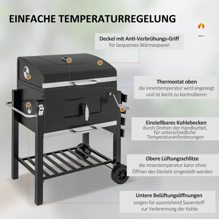 Grillvagn Kolgrill Svart av Rostfritt 113 x 65 x 108 cm