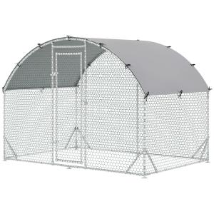 Hönshus Hönsgård Utehus med UV-Beständigt Lock Silver av Galvaniserat Stål för 4-6 Kycklingar Bur med Dörr 280 x 190 x 197 cm