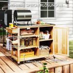 Grillvagn Serveringsvagn med Arbetsyta Natur av Trä för Trädgård och Terrass BBQ Grillbord med Handdukshängare 134,5 x 50 x 91,5 cm
