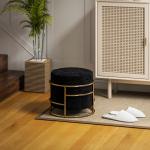Stoppad Fotpall Storage Ottoman med Metallram och Guldpläterad Finish, Svart