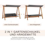 3-Sitsig Hammock med Bäddfunktion, Bekväm Trädgårdsgunga i Furu med Tak, Robust Hängsoffa för Avkoppling, Grå/Teak, 225,5 x 113 x 180 cm