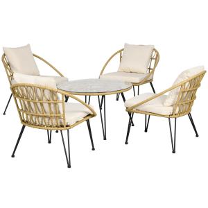 Trädgårdsmöbler Matgrupp Beige av Polyester och Rotting för Trädgård och Terrass 5 Delar med Matbord och 4 Stolar