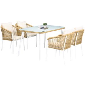 5-delat Trädgårdsset, Rottinglook, Sitt- och Ryggkuddar, Rostsäker Aluminiumram, Gul/Vit/Beige