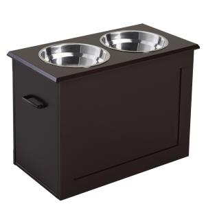 Matbar för Hund med Förvaring, Upphöjd Matstation med 2 Rostfria Skålar, Praktisk Låda för Foder, Espresso, 60 x 30 x 41 cm