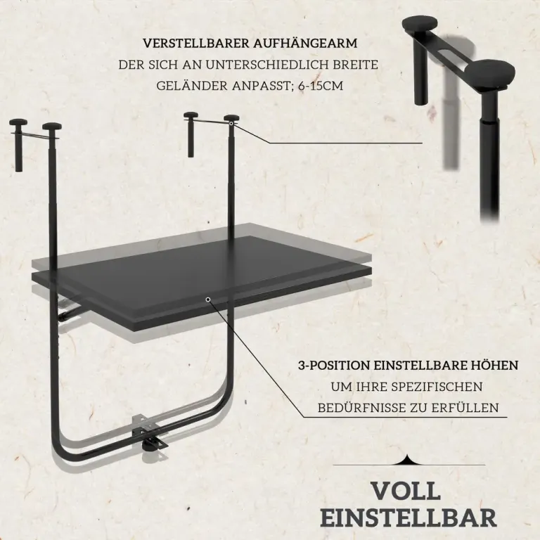 Balkongbord Hängbord Svart av Metall Fällbart 62 x 60 cm