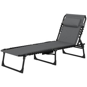 Solstol Solsäng med Sidoficka Mörkgrå av Tyg och Metall för Trädgård och Strand Hopfällbar Campingsäng 120 kg