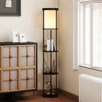 Golvlampa med Hyllor Svart MDF och Tyg för Vardagsrum Hylllampa med 3 Plan och Fjärrkontroll Dimbar Belysning Smart Design och Förvaring