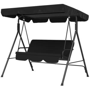 Trädgårdsgunga Gungbänk Svart av Stål för Trädgård och Terrass 3-Sits Hollywood Swing med Justerbart Tak Robust 172 x 110 x 153 cm