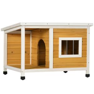 Hundhus med Veranda, Gångjärnstak, Fönster, Justerbara Fötter, Naturträ, Orange, 85,5 x 62 x 60 cm