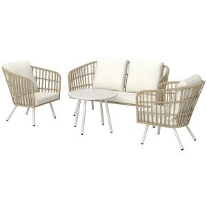Trädgårdsmöbelset i Polyrattan Loungeset med 2-sits Soffa, Fåtölj och Bord för 4 Personer, Khaki