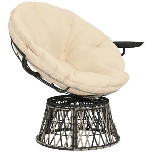 Papasan Stol i Rotting, 360° Roterbar Flätad Stol med Kudde, Rund, Beige, Ø90 cm