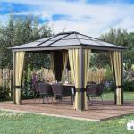 Hardtop Lusthus Paviljong Brun Beige Polyester och Aluminium med 4 Sidopaneler Flugnät och Genomskinligt PC-Tak 3,6 X 3 X 2,6 M