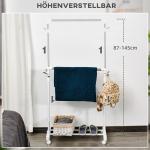 Rullande Klädhängare, Höjdjusterbar, med Bottenhylla, 4 Hjul, Vit