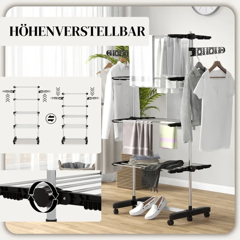 Torkställning Klädtork med Hjul Svart 142 x 55 x 172 cm