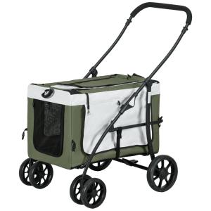 Hundvagn Dog Buggy, Hopfällbar med Avtagbar Korg och Stålram, Svart+Mörkgrön+Vit, 81x58x97,5 cm