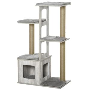 Kattträd Flervåningsskrapstolpe Aktivitetscenter Jute och Plysch för Kattälskare Grå 67 X 38,5 X 114 Cm