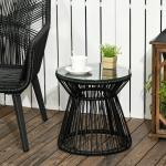Runt Trädgårdsbord med Glaskiva, Elegant Bistrobord med Hålmönster, Väderbeständig Design för Balkong, Svart