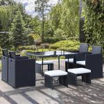 Sittgrupp Trädgårdsset Svart Polyrattan och Glas för Trädgård Terrass Balkong 8 Personer Väderbeständigt