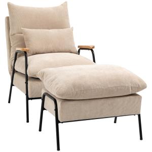 Stoppad Fåtölj med Fotpall och Liggfunktion, TV-stol med Kudde, Beige, 68 x 91,5 x 88 cm