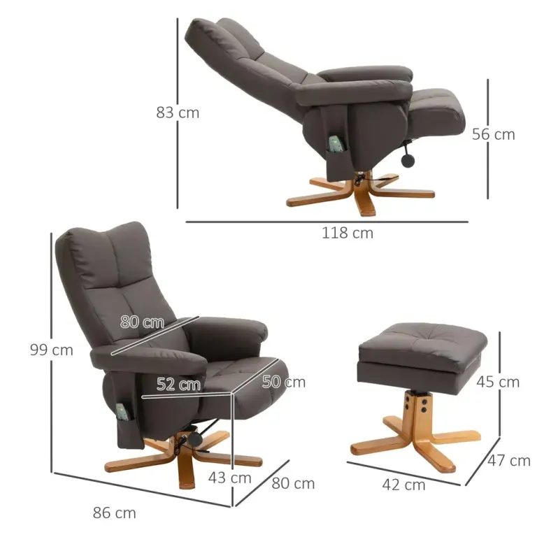 Relaxfåtölj med Fotpall och Massage Brunt Läder