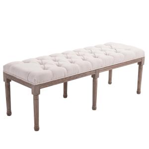 Klädd Bänk Lounge Pall Vintage med Knappar Linne och Trä för Vardagsrum och Hall Beige 142 X 47 X 51 Cm