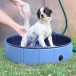 Hundbassäng Plaskdamm Blå PVC och Trä för Hundar Robust Pool Halkfri Botten 80 X 20 Cm