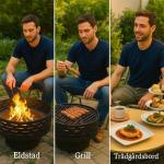 Eldskål Eldstad med Grillgaller Kolgrå av Rostfritt Stål för Trädgård och Camping 3-i-1 Eldkorg med Gnistskydd Ø 60 x 39 cm