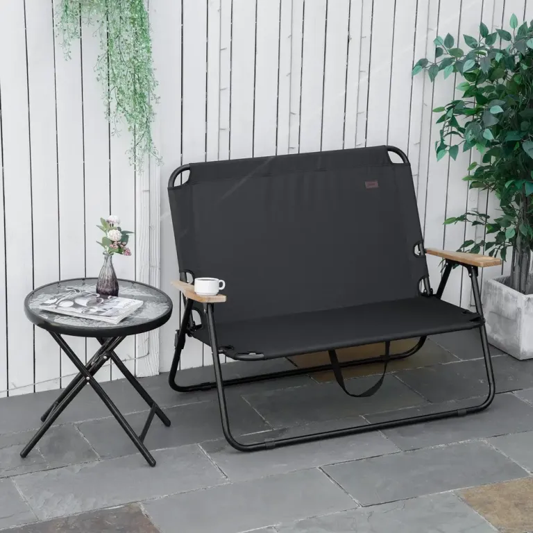 Hopfällbar Campingstol 2-Sits med Mugghållare, Svart