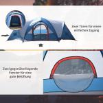 Campingtält Tunneltält Blå Vit av Polyester för 4 Personer med UV-skydd och Bärväska Vattentät 2000 mm Vattenpelare 2 Rum Rymlig Design