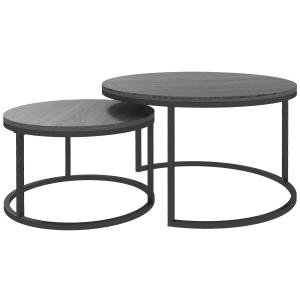 Soffbord Sidobord Set om 2 Stapelbara Svart av Metall och Trälook för Vardagsrum Runda Bord med Metallstomme