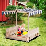 Sandlåda i Trä med Lock, Justerbart Tak skyddar mot Sol och Regn, Rolig Lekplats för Barn i Trädgården, Natur/Blå