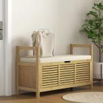 Skobänk Garderobsbänk Natur av Bambu för Hall och Entré Bänk med Gångjärnslock och Skoställ Förvaring 100 x 40 x 60 cm
