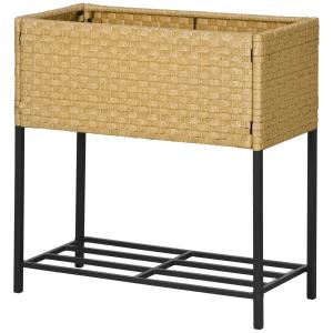 Blomsterlåda Upphöjd Bädd Sandfärgad av Polyrotting för Trädgård och Balkong Planteringslåda med Fötter och Hylla 70 x 30 x 72 cm