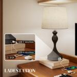Bordslampa med USB Svart Metall och Tyg för Sovrum Sänglampa med Laddningsport och Justerbart Ljus Modern Design