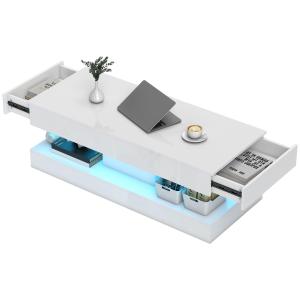 Soffbord med Lådor, LED-lampor och Öppen Hylla i Spånskiva, Vit