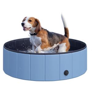 Plaskbassäng för Hundar PVC och Trä Hundpool för Varma Sommardagar Blå Ø100 X H30 Cm