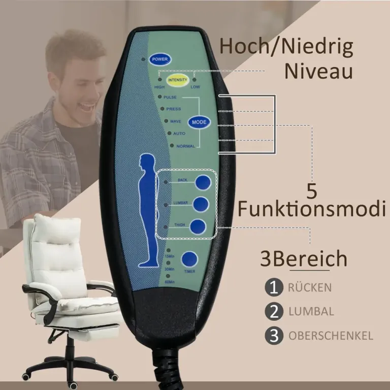 Massage Kontorsstol med Fotstöd & Värme Krämvit