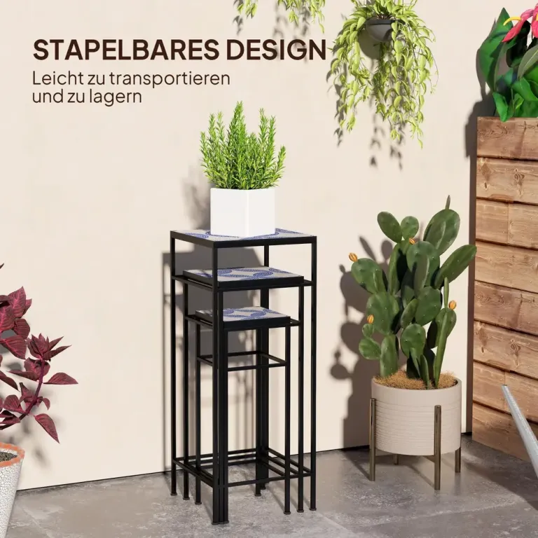 Växtställ Blomsterställ Set 3 Blå Vit av Metall 71 cm