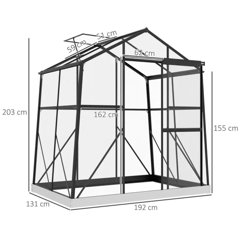 Växthus Aluminiumväxthus Svart 131 x 192 x 203 cm