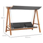 3-Sitsig Hammock med Bäddfunktion, Bekväm Trädgårdsgunga i Furu med Tak, Robust Hängsoffa för Avkoppling, Grå/Teak, 225,5 x 113 x 180 cm