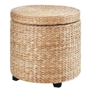 Pall med Förvaringsutrymme Fotpall med Förvaringslåda Avtagbart Lock Halmrotting Khaki Ø43 X 43 Cm