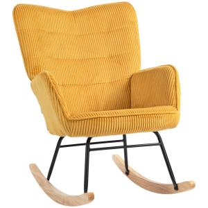 Gungstol Relaxstol Gul av Berberfleece och Trä för Sovrum Bekväm Fåtölj med Armstöd